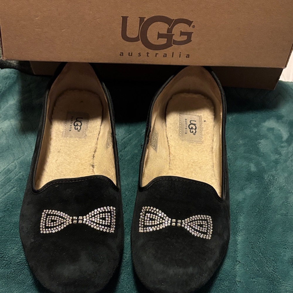 UGG Women's Black Suede Slippers with Rhinestone Bow